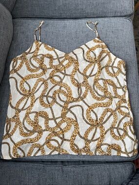 Vtg Anne Klein White Silk Cami with Gold Chain Print